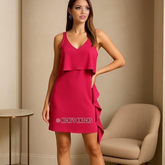 Trina Turk Fuchsia Pink Popover Mini Dress Sleeveless Ruffle Shift Party Size 8 - Picture 1 of 12